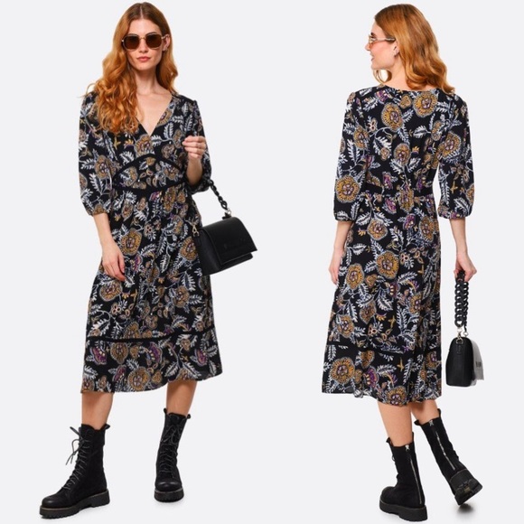Ba&sh Vienne Black Floral Midi Dress Boho Wedding Guest US 6 - Picture 3 of 16